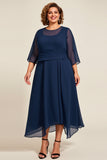 Navy A Line 3/4 Sleeves Chiffon Plus Size Mother of the Bride Dress