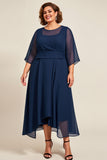 Navy A Line 3/4 Sleeves Chiffon Plus Size Mother of the Bride Dress