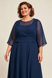 Navy A Line 3/4 Sleeves Chiffon Plus Size Mother of the Bride Dress