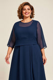 Navy A Line 3/4 Sleeves Chiffon Plus Size Mother of the Bride Dress