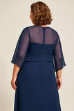 Navy A Line 3/4 Sleeves Chiffon Plus Size Mother of the Bride Dress