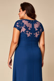 Blue A Line Appliqued Chiffon Maxi Mother of the Bride Dress