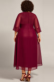Plus Size Burgundy A Line Keyhole Chiffon Tea Length Mother of the Bride Dress