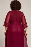 Plus Size Burgundy A Line Keyhole Chiffon Tea Length Mother of the Bride Dress