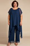 Navy Chiffon 2 Piece Plus Size Pantsuit with Short Sleeves