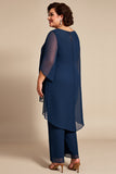 Navy Chiffon 2 Piece Plus Size Pantsuit with Short Sleeves