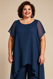 Navy Chiffon 2 Piece Plus Size Pantsuit with Short Sleeves