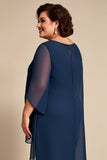 Navy Chiffon 2 Piece Plus Size Pantsuit with Short Sleeves