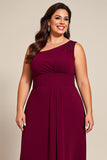 Plus Size Burgundy A Line One Shoulder Chiffon Mother of the Bride Dress