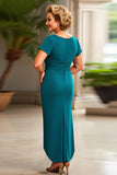 Peacock V Neck Ruched Maxi Sheath Mother of the Bride Dress with Ruffles