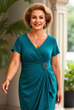 Peacock V Neck Ruched Maxi Sheath Mother of the Bride Dress with Ruffles