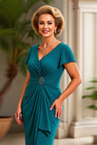 Peacock V Neck Ruched Maxi Sheath Mother of the Bride Dress with Ruffles