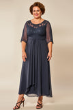 Steel Grey Chiffon Illusion Boat Neck Mother of the Bride Dress with Appliques