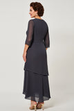 Steel Grey Chiffon Tiered Maxi Mother of the Bride Dress