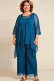 Ink Blue Chiffon Plus Size Mother of the Bride Pantsuit with Ruffles