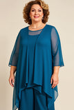 Ink Blue Chiffon Plus Size Mother of the Bride Pantsuit with Ruffles