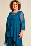 Ink Blue Chiffon Plus Size Mother of the Bride Pantsuit with Ruffles