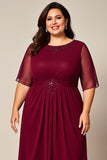 Burgundy Chiffon Boat Neck Plus Size Mother of the Bride Dress