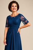 Navy Chiffon Appliqued A Line Mother of the Bride Dress