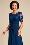 Navy Chiffon Appliqued A Line Mother of the Bride Dress