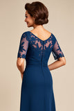 Navy Chiffon Appliqued A Line Mother of the Bride Dress
