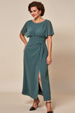 Grey Blue Chiffon Sheath Mother of the Bride Dress with Slit