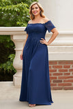 Navy Off the Shoulder Plus Size Appliqued Chiffon Mother of the Bride Dress