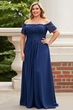 Navy Off the Shoulder Plus Size Appliqued Chiffon Mother of the Bride Dress