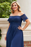Navy Off the Shoulder Plus Size Appliqued Chiffon Mother of the Bride Dress