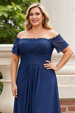 Navy Off the Shoulder Plus Size Appliqued Chiffon Mother of the Bride Dress