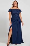 Navy Plus Size Off the Shoulder Chiffon Mother of the Bride Dress with Slit