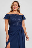 Navy Plus Size Off the Shoulder Chiffon Mother of the Bride Dress with Slit