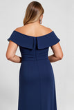 Navy Plus Size Off the Shoulder Chiffon Mother of the Bride Dress with Slit