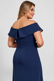 Navy Plus Size Off the Shoulder Chiffon Mother of the Bride Dress with Slit