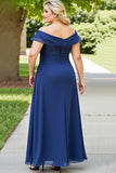 Navy Plus Size Appliqued Off the Shoulder Chiffon Mother of the Bride Dress