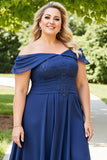 Navy Plus Size Appliqued Off the Shoulder Chiffon Mother of the Bride Dress