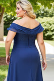 Navy Plus Size Appliqued Off the Shoulder Chiffon Mother of the Bride Dress