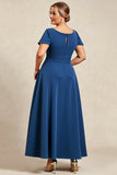 Ink Blue Scoop Neck Plus Size Mother of the Bride Dress with Bow