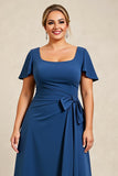 Ink Blue Scoop Neck Plus Size Mother of the Bride Dress with Bow
