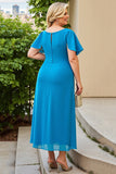 Blue Chiffon Sheath Plus Size Mother of the Bride Dress with Ruffles