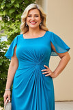 Blue Chiffon Sheath Plus Size Mother of the Bride Dress with Ruffles