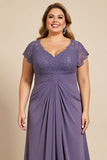 Grey Purple Ruched Plus Size Mother of the Bride Dress with Appliques