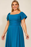 Peacock Satin Square Neck Plus Size Mother of the Bride Dress