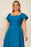 Peacock Satin Square Neck Plus Size Mother of the Bride Dress
