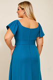 Peacock Satin Square Neck Plus Size Mother of the Bride Dress