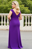 Purple V Neck Plus Size Ruched Mother of the Bride Dress