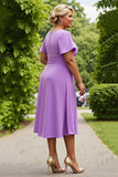 Lilac Plus Size Chiffon A Line Ruched Midi Mother of the Bride Dress with Ruffles