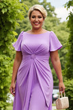 Lilac Plus Size Chiffon A Line Ruched Midi Mother of the Bride Dress with Ruffles