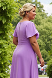 Lilac Plus Size Chiffon A Line Ruched Midi Mother of the Bride Dress with Ruffles