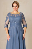 Dusty Blue Plus Size Blue Ruched Mother of the Bride Dress with Appliques